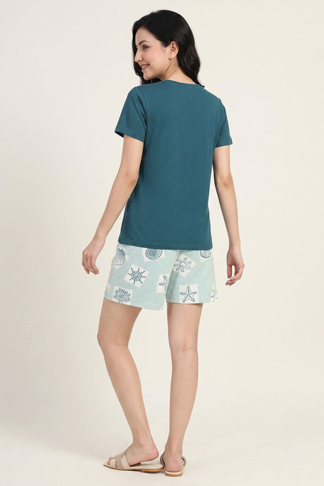 Zivame Shell Print Knit Cotton Short Set - Surf Spray — image 4